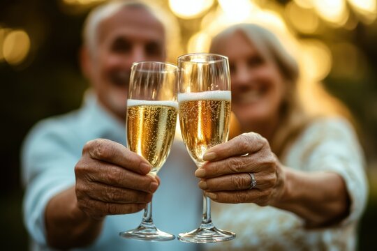 Elderly Couple Celebrating Love: Joyful Toast with Champagne on Anniversary or Special Occasion