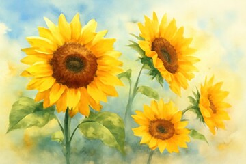 Obraz premium Vibrant watercolor painting of four bright yellow sunflowers with green leaves against a soft blue and yellow sky background