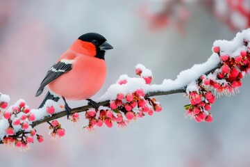 Male Eurasian Bullfinch Resting on a Branch Surrounded by Pink Blossoms in a Serene Snowy Landscape