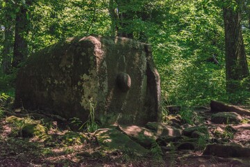 ancient stone dolmen of the late Bronze Age with a convex spherical element instead of a classic hole in the forest of the Western Caucasus on a sunny day