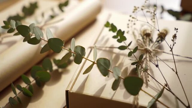 Rolled paper, a box and foliage on tabletop in soft light
