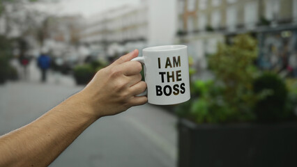 Man holding mug with boss message in outdoor city street illustrating leadership theme.
