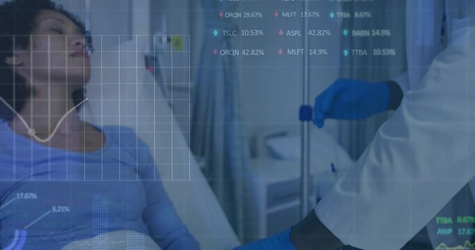 Doctor placing oximeter sensor and activating health data graphs while priming IV bag
