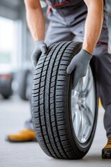 Fototapeta premium Male automotive technician in gray overalls is lifting a tire in a garage, showcasing the tire's tread and the surrounding workshop environment with tools and equipment