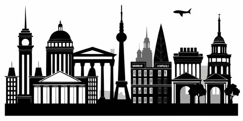 Fototapeta premium Diverse city skyline silhouette with famous landmarks and airplane isolated on white background