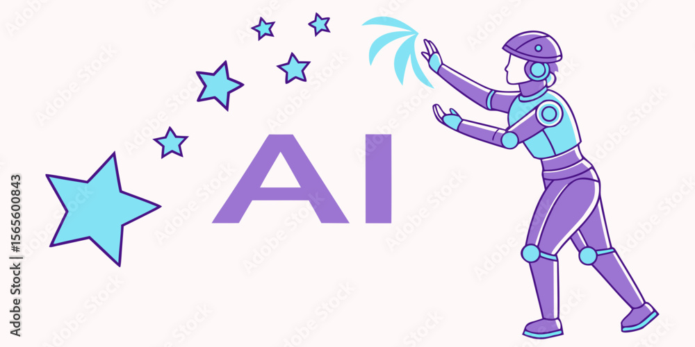 Aufkleber futuristic robot interacting with ai text and stars isolated on white background