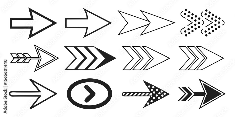 Poster collection of twelve diverse arrow symbols and icons pointing right isolated on white background