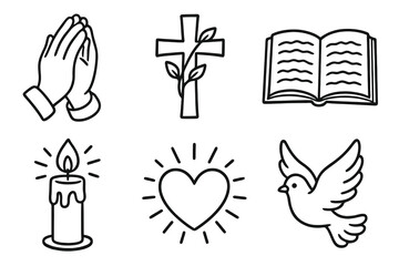 Cartoon icons in black and white for gratitude and prayer. Minimal, respectful design.