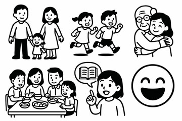 6 black and white family tradition icons. Cartoon vector for Thanksgiving themes.