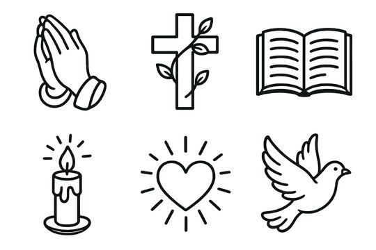 6 black and white faith icons. Cartoon vector for Thanksgiving reflections.