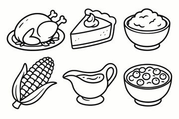6 black and white Thanksgiving food icons. Cartoon vector for festive menus.