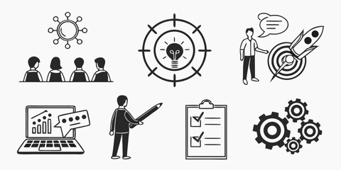 Business strategy and success icons collection isolated on white background