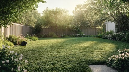 A scenic backyard view with a well-maintained lawn after mowing