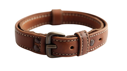 Brown leather dog belt with metal buckle, isolated on white background or transparent PNG.