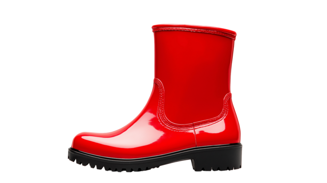 Bright red rubber boots with a glossy finish, isolated on white background or transparent PNG.