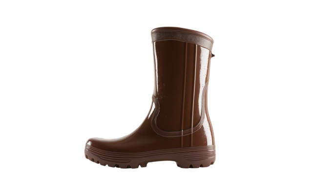 Bright brown rubber boots with a glossy finish, isolated on white background or transparent PNG.