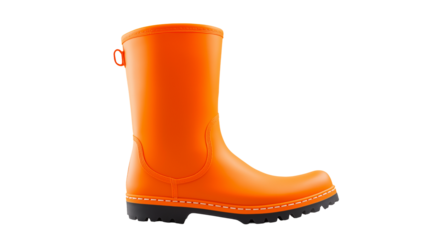 Bright orange rubber boots with a glossy finish, isolated on white background or transparent PNG.