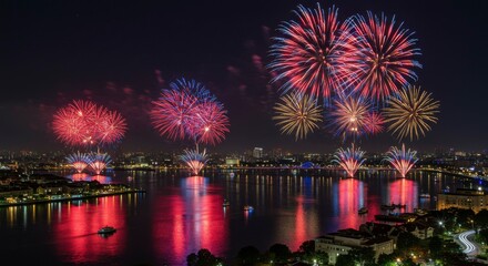Colorful fireworks display over a city reflecting on water