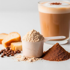 Whey protein powder, some dark roast grain coffee and a cappuccino glass near it on white background
