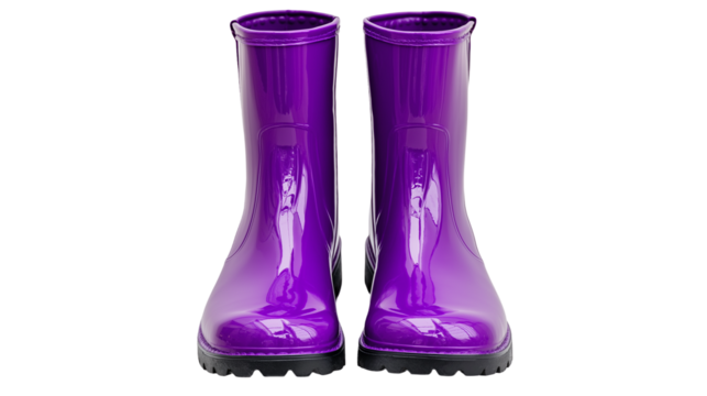 Bright violet rubber boots with a glossy finish, isolated on white background or transparent PNG.