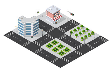 Isometric cityscape with roads, buildings, and green areas