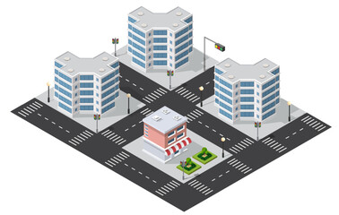 Isometric cityscape with skyscrapers and small shop surrounding intersection