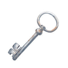 A watercolor metal key is hand-drawn on a white background. Watercolor illustration of an old rusty key. Isolated. Clipart.