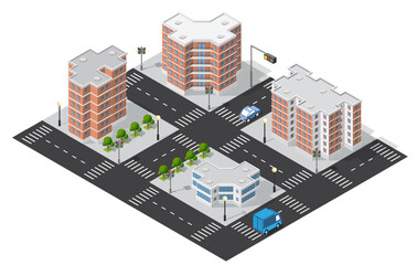 Urban intersection with modern buildings and vehicles