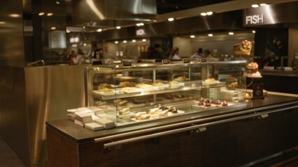 Defocused restaurant buffet scene with blurred people in background showcasing diverse food displays under warm lighting with a focus on pastries and cakes in a glass case.