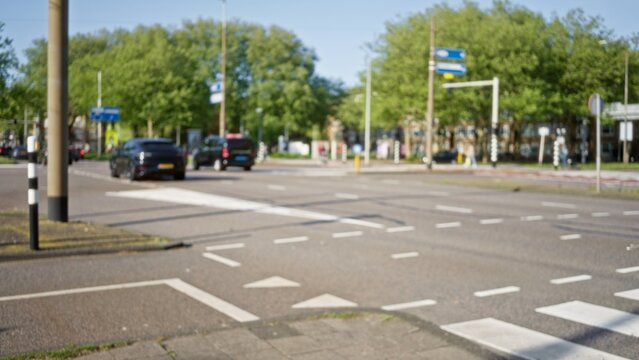 Blurred urban street scene in a european city featuring defocused cars, road markings, and greenery in the warm sunlight.