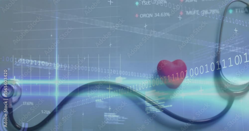 Poster blue scan line sweeping across desk showing code, heart appearing, stethoscope extending for exam