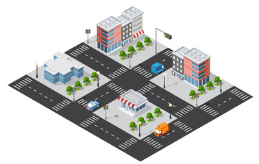 Isometric city intersection with vehicles and buildings