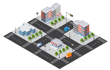 Isometric city intersection with vehicles and buildings