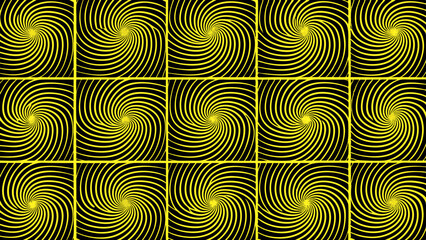 Seamless pattern of yellow spiral vortexes on a black background