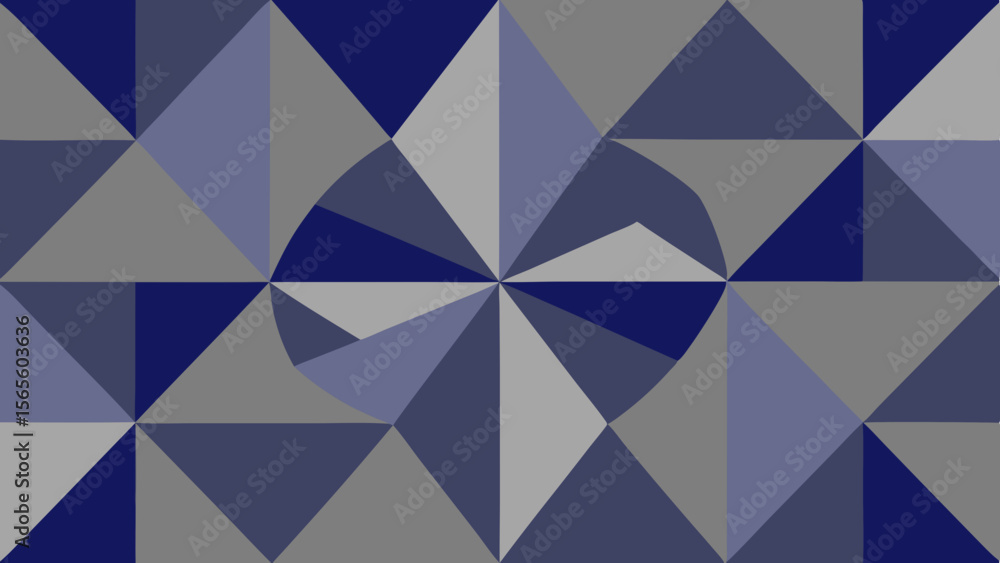 Poster abstract geometric pattern with blue and grey triangles and a circular motif