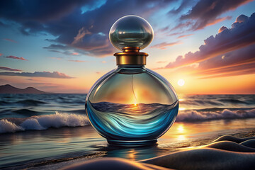 Flakon perfum na tle morza i zachodzącego słońca