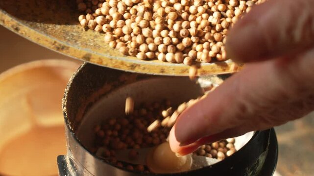 Coriander Seeds Grinder Pouring - Closeup of a hand pouring coriander seeds into a grinder for making a spice blend.