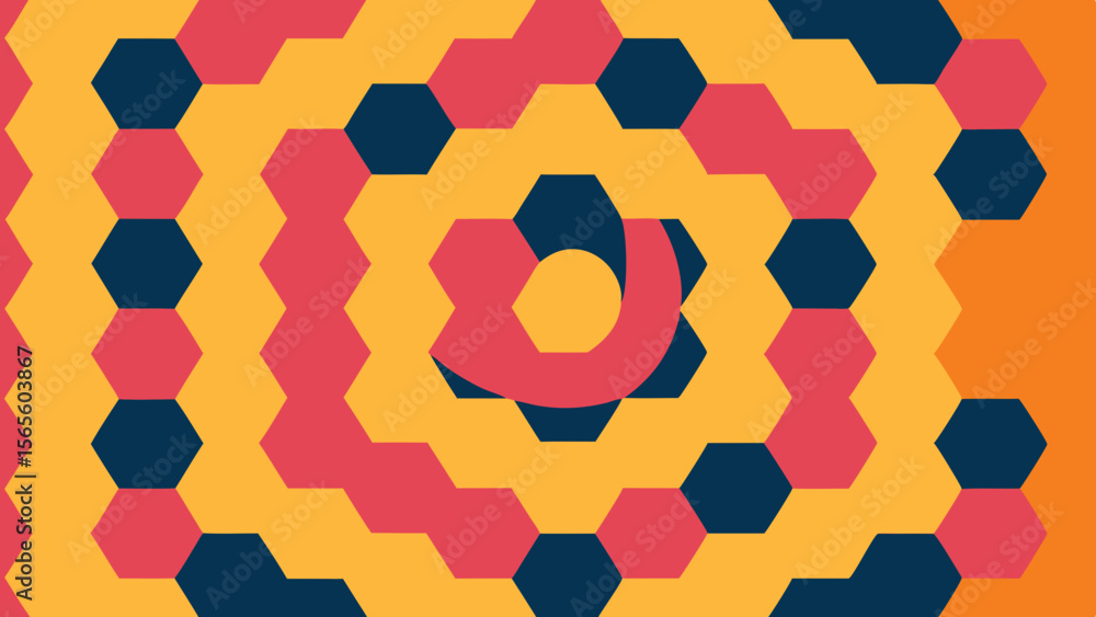 Poster abstract geometric pattern of hexagons in warm colors with a central circular element
