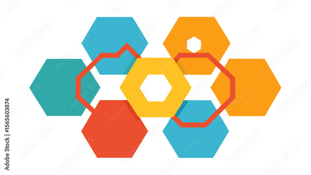 Poster abstract geometric pattern of colorful hexagons and connecting lines on white background