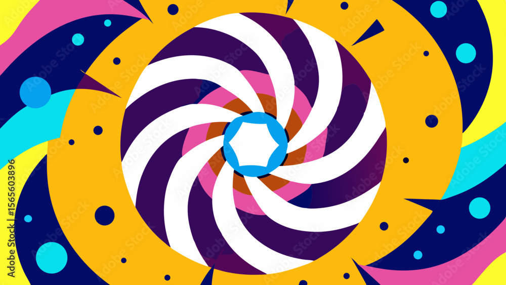 Poster vibrant abstract swirl pattern with colorful geometric shapes and dots
