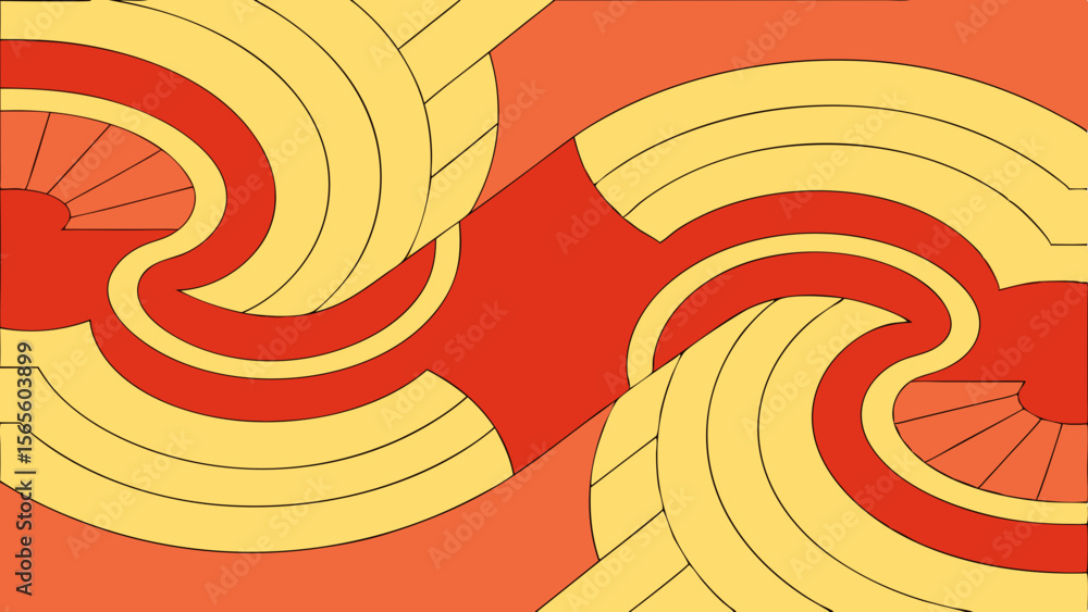 Poster abstract geometric pattern with swirling yellow and red shapes and fan motifs