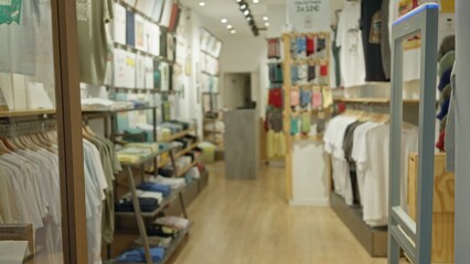 Blurred view of clothing store interior with racks of colorful apparel and bright lighting creating a cozy shopping experience.