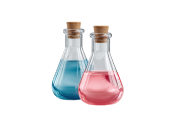PNG Blue and pink liquid in glass flask with cork stopper on white background