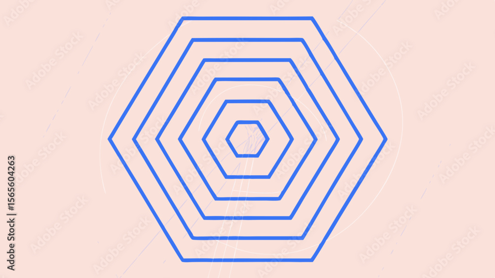 Poster concentric blue hexagons layered on a soft pink background with subtle abstract lines