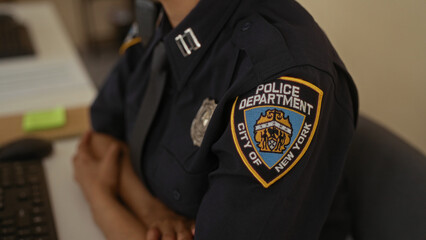 Obraz premium Woman in police uniform working indoors at a station while wearing a headset, showcasing a professional office environment.