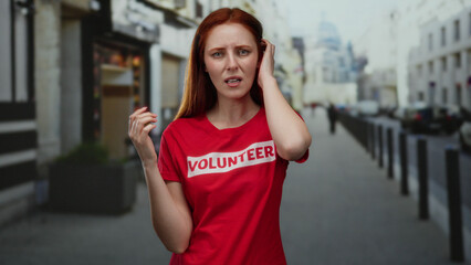 Woman with red hair in a volunteer t-shirt stands on a city street expressing emotion, surrounded...