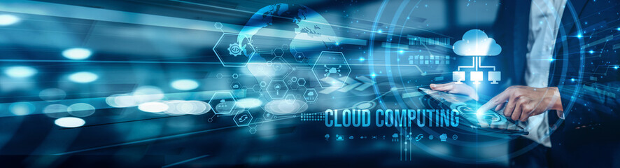 A businessman using a tablet is analyzing cloud computing benefits such as cost savings, scalability, remote access, data security, and business continuity to enhance IT efficiency and agility.