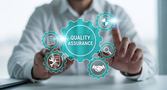 Person interacts with a digital quality assurance concept, displayed as interconnected gears with relevant icons, symbolizing process, control, and reliability in business