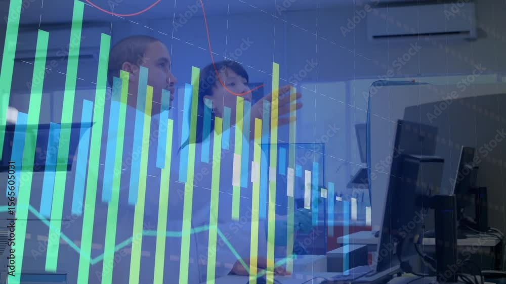 Poster lab researchers examining live data with translucent bar chart fading in for analyzing rising trend