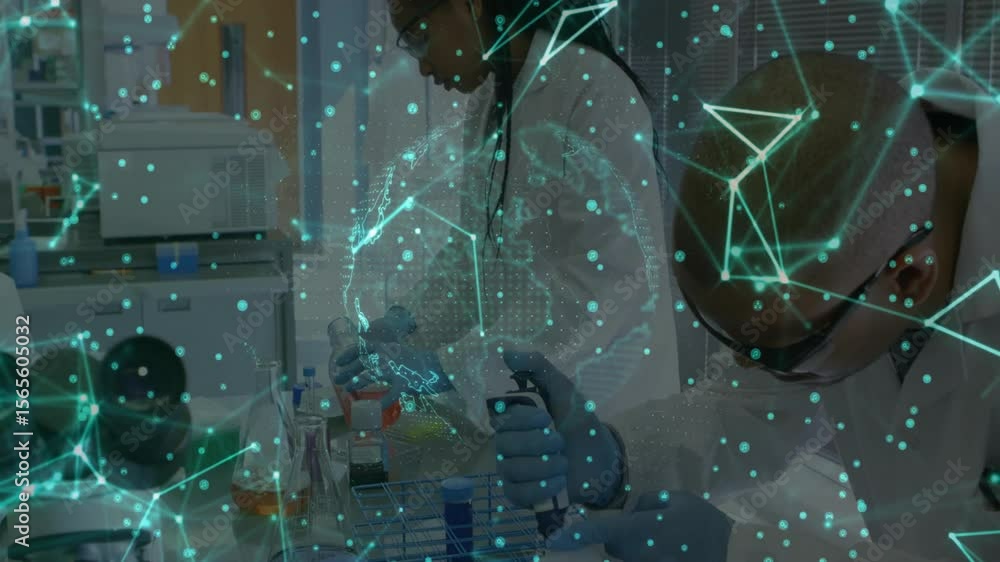 Poster research scientists initiating pipetting at lab bench while rotating digital globe overlay for prep